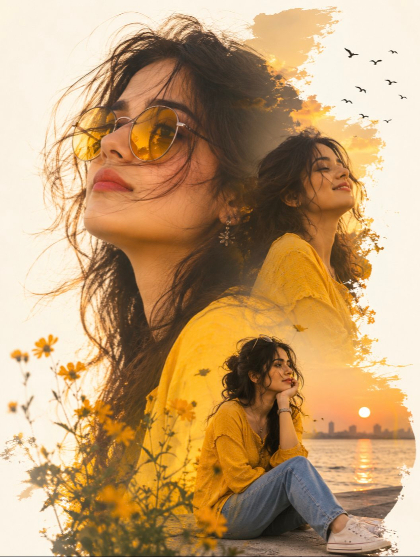 Yellow Sunglasses Double Exposure Sunset — A dreamy, artistic double-exposure composition featuring a young woman in a vibrant yellow top against a warm, sunset
