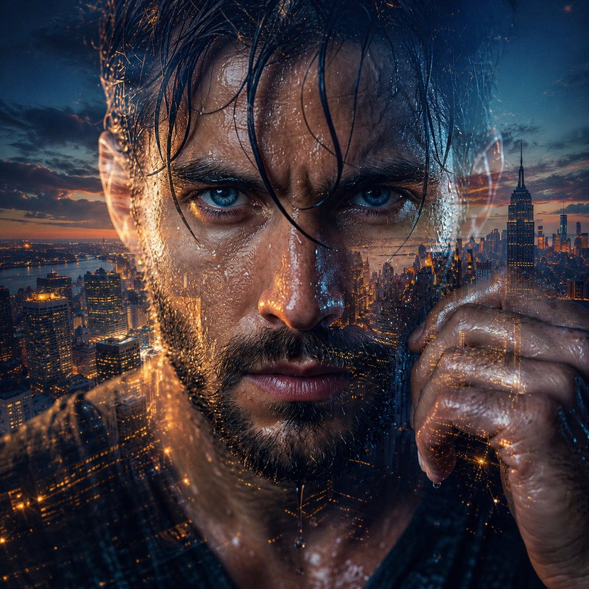 Face-Locked City Skyline Double Exposure — Using the uploaded image and without changing face, create a cinematic double-exposure portrait of the subject with a