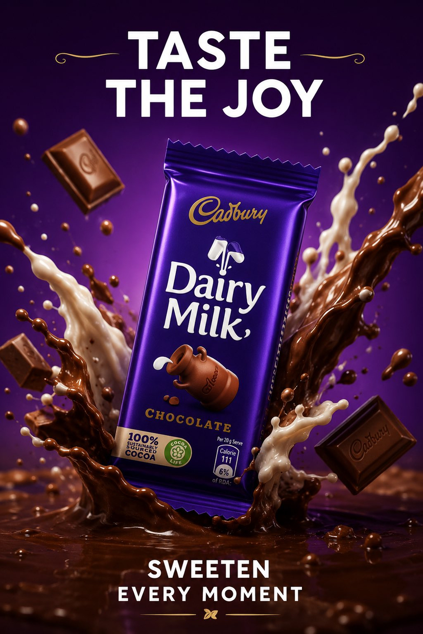 Cadbury Dairy Milk Floating Chocolate Hero — Premium Cadbury Dairy Milk chocolate bar floating with rich molten chocolate splash and creamy milk swirl, signatur