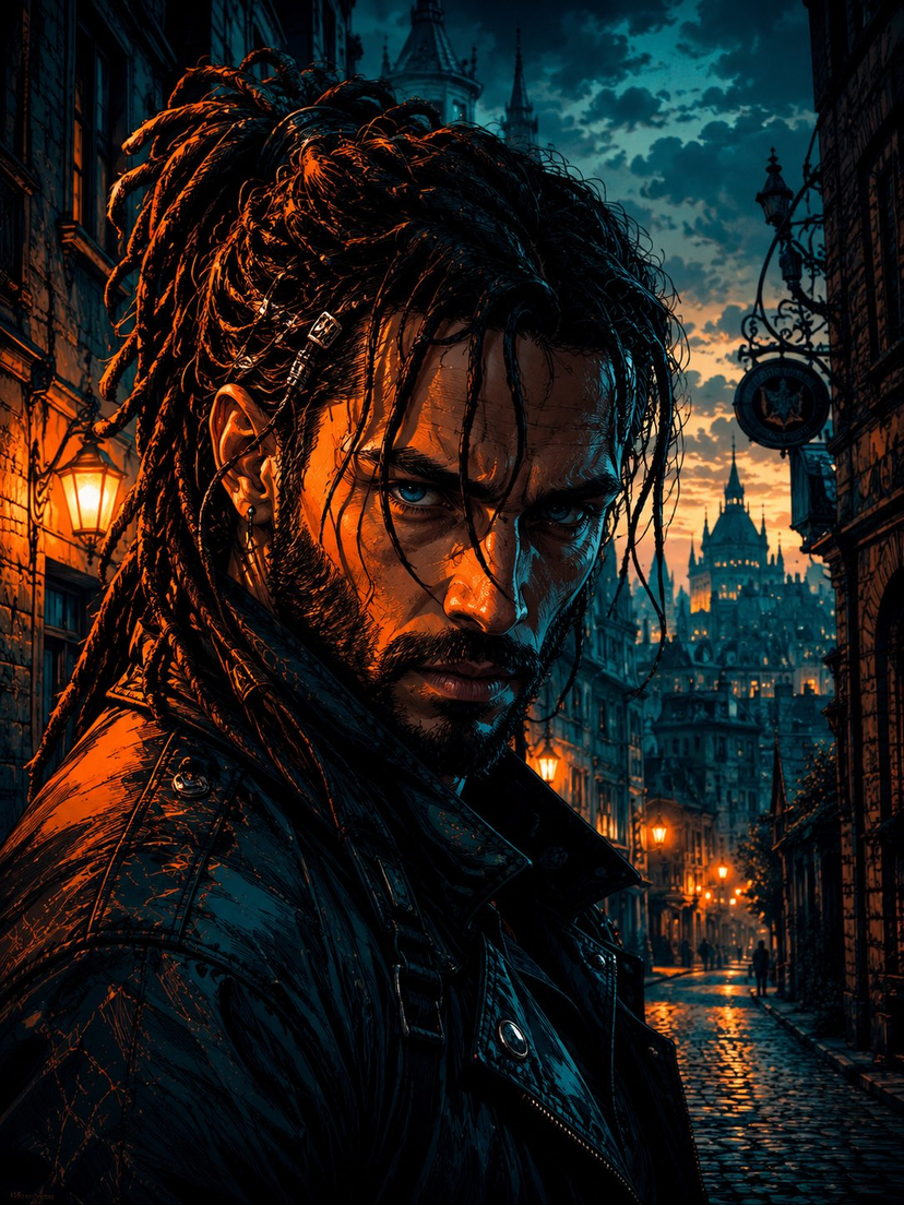 Cyber Noir Dreadlocks Street Portrait — “A cinematic cyber-noir portrait of a rugged young man with thick dreadlocks tied back, sharp beard, and an intense expr