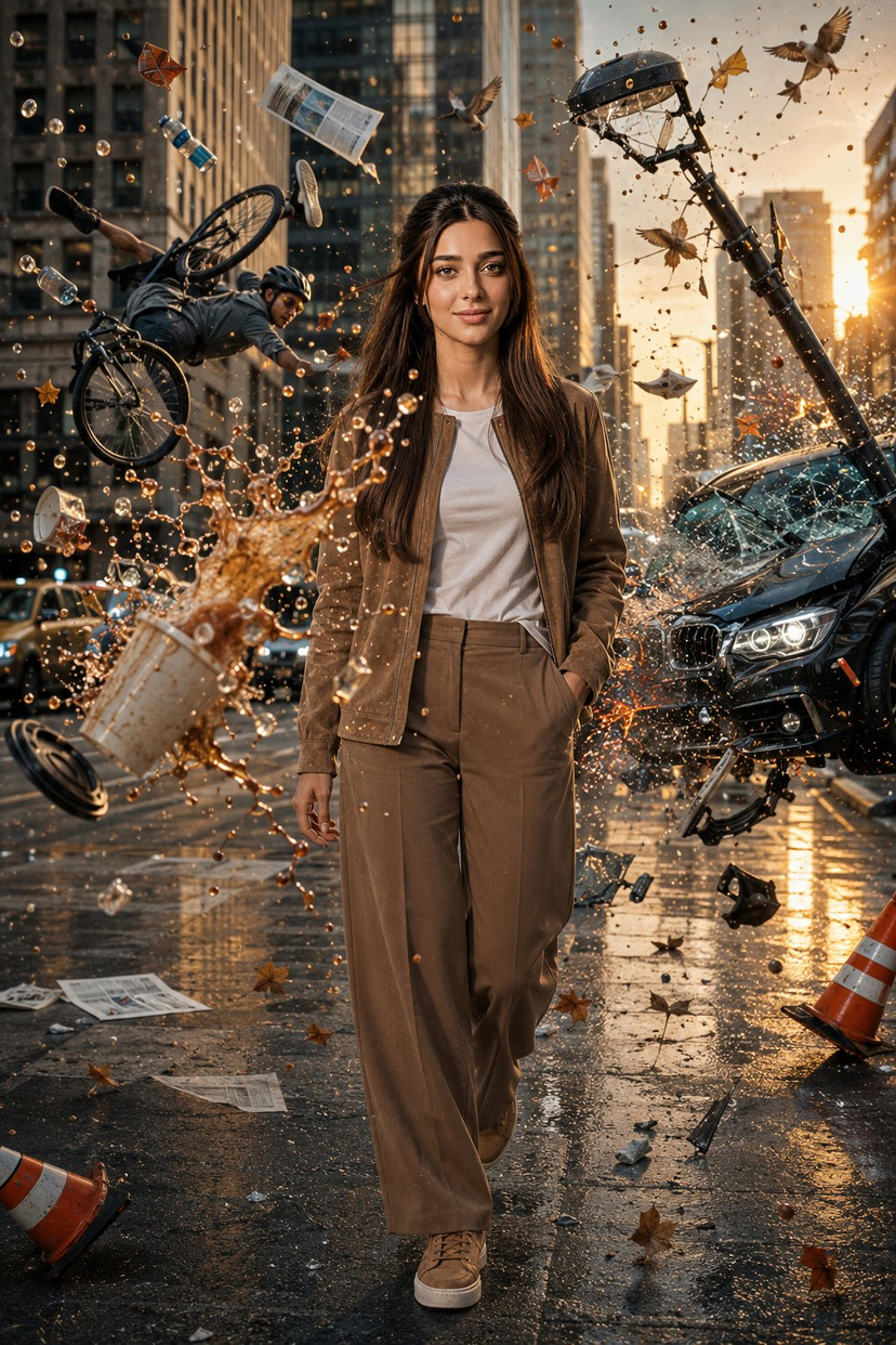 Bullet Time Frozen Street Action Portrait — Create an ultra-realistic Hollywood blockbuster bullet-time action scene on a busy modern downtown city street durin