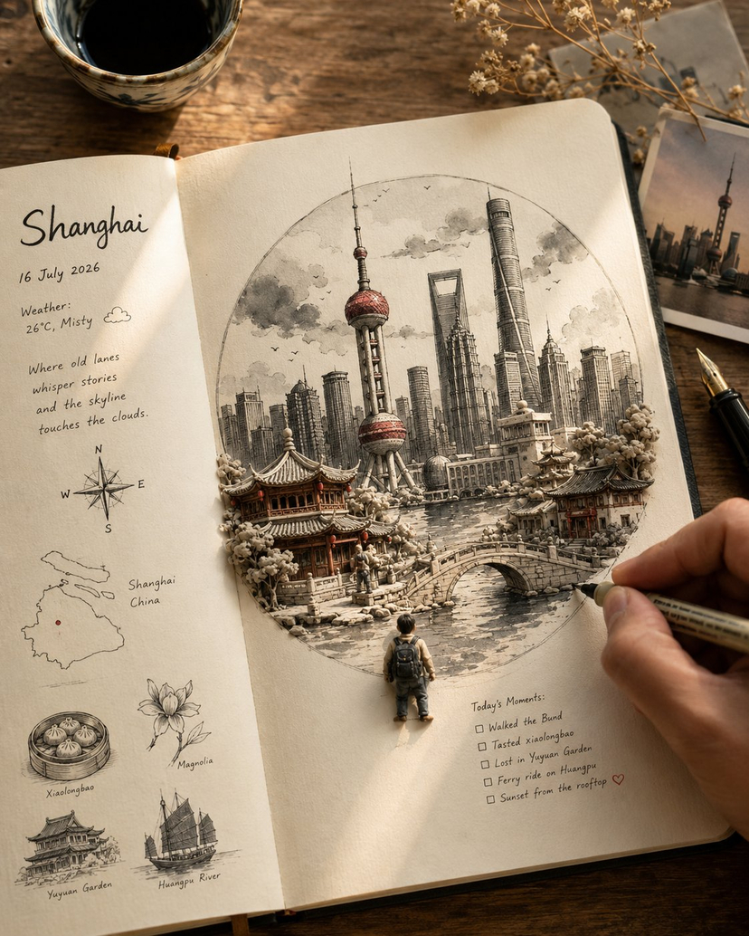 Open Travel Journal Overhead Still Life — Warm, photorealistic overhead close-up of an open cream-paper travel journal on a rustic wooden table. Destination: [L