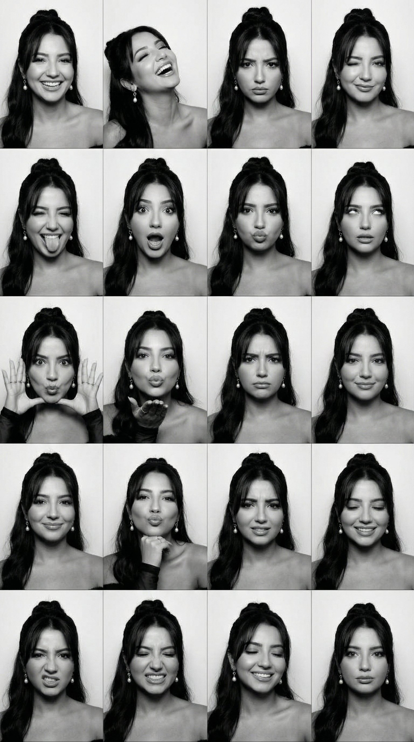 B&W Photobooth Expression Grid 4x4 — Nano Banana AI image template preview