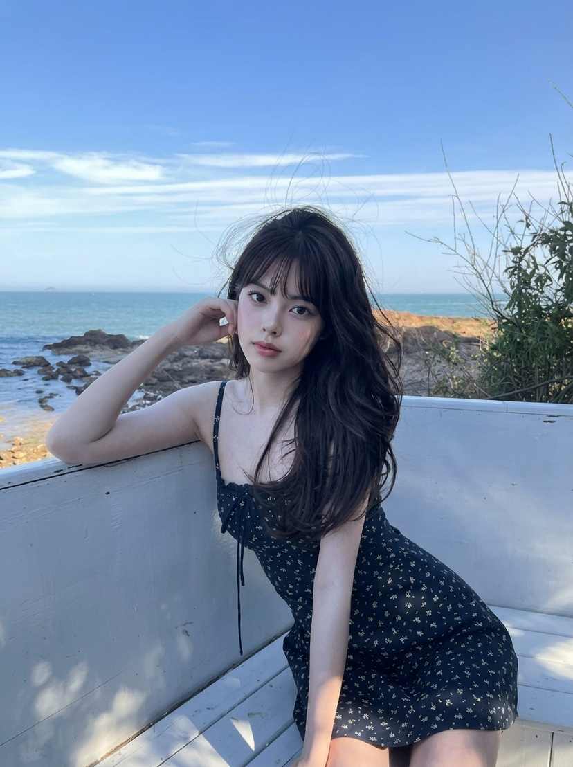 Coastal Bench Portrait — Navy Floral Sundress AI image template preview