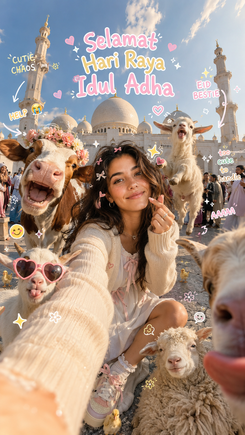 Eid al-Adha Cute Chaos — Fisheye Selfie with Farm Selfie, Mosque & Animals AI template preview