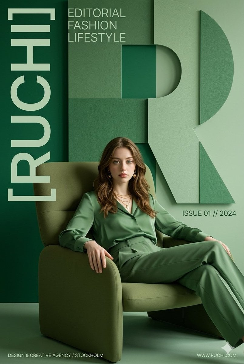 Premium Editorial Branding Poster Charcoal Green — Create a premium modern editorial branding poster for [RUCHI].

TOPIC:
[EDITORIAL / FASHION / LIFESTYLE THEME