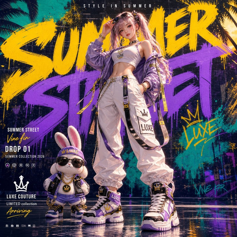 Luxury Summer Streetwear Graffiti Poster — Generate a vertical 4:5 high-end streetwear fashion poster featuring a "luxury summer streetwear ad"…