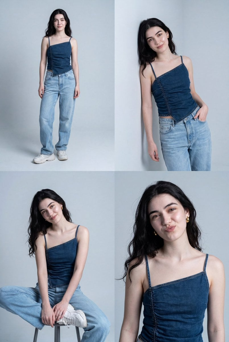 Smartphone Fashion Portrait Denim-On-Denim Grid — Smartphone fashion portrait series in a 4-photo grid collage. Full-body standing, leaning wall pose, casual se