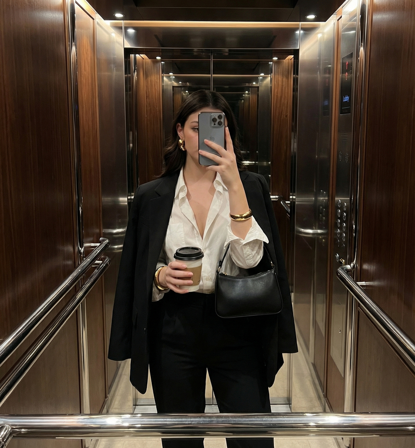Mirror Selfie — Ultra-realistic iPhone mirror selfie inside a luxury stainless-steel elevator.
Woman standing natura…