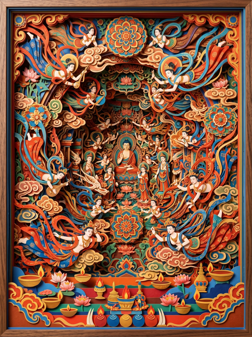 敦煌纸雕飞天 — 3D Layered Paper Cutout AI image template preview