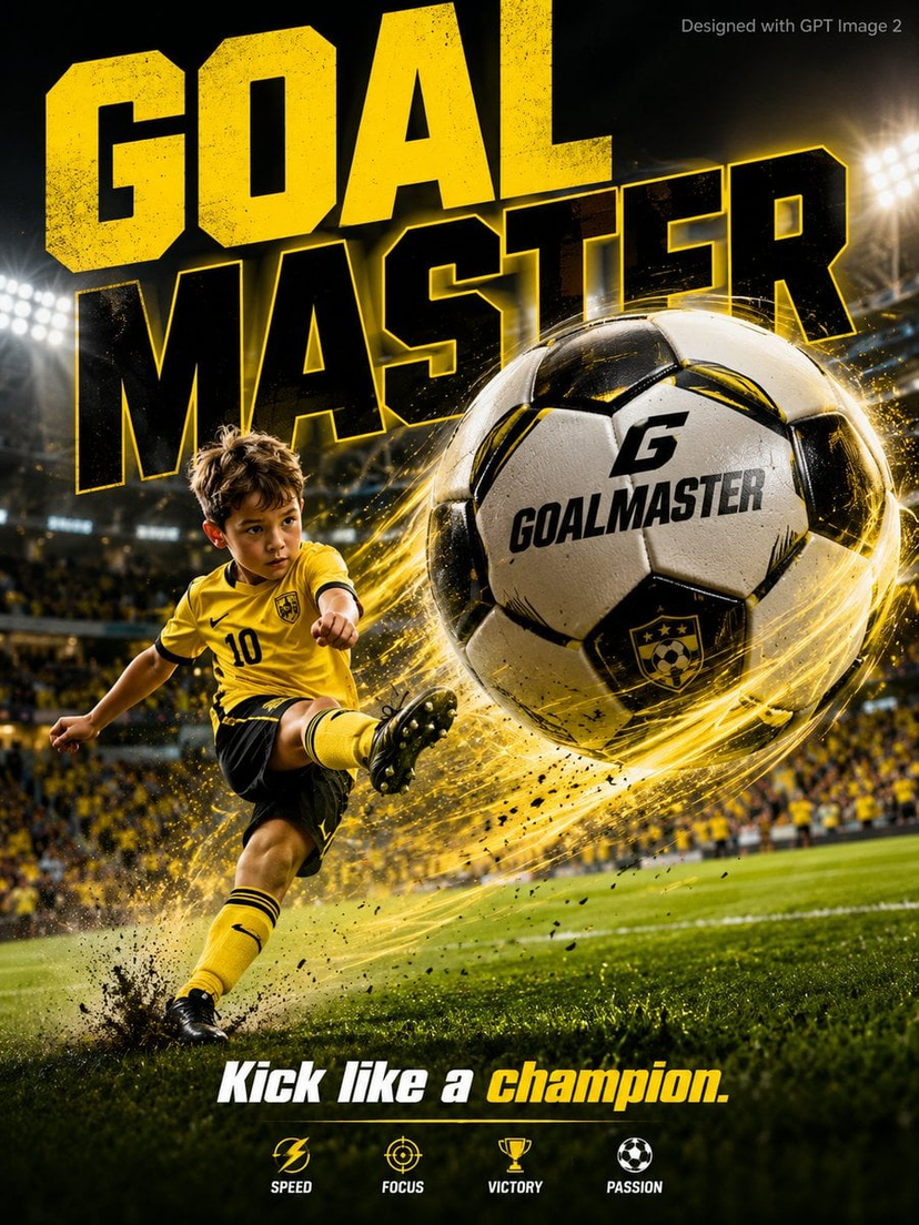 goalmaster-youth-sports-poster — A vibrant sports advertisement poster. An energetic young boy age 9 in a bright yellow football jersey kicks dramatically besid