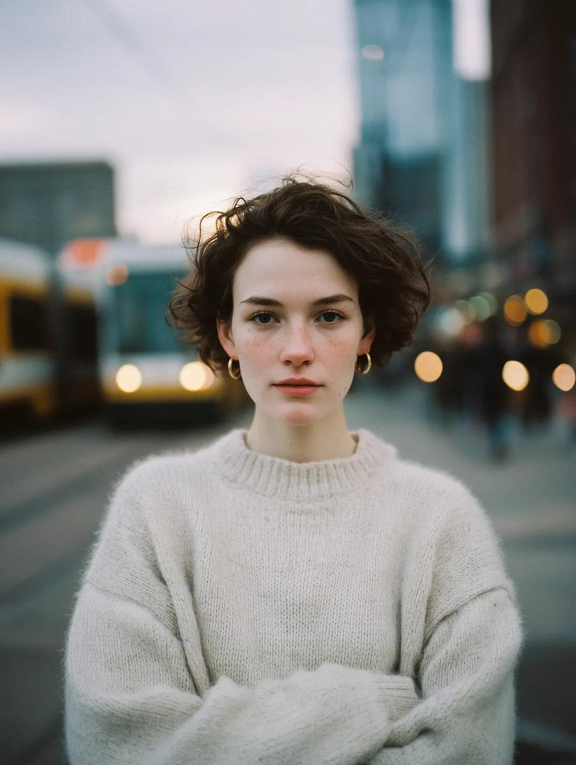 Blue Hour Editorial Fashion Portrait — Cinematic intimate portrait of a young woman with short dark wavy hair, natural skin texture with su…