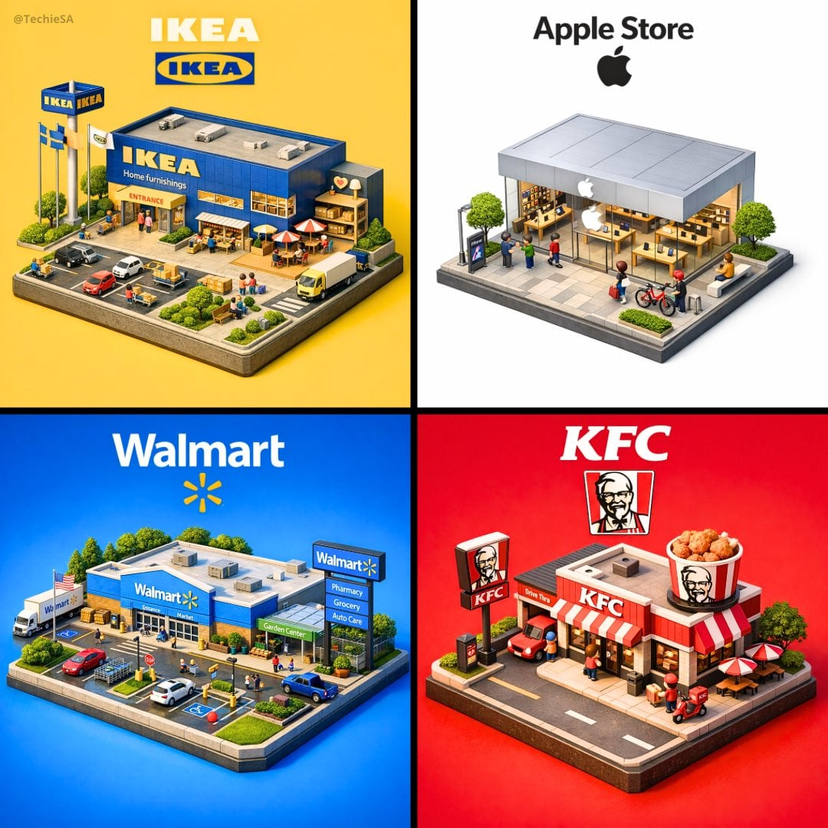 Isometric Brand Store Diorama — Present a clear, 45° top-down isometric miniature 3D cartoon diorama of the [BRAND], with soft refin…