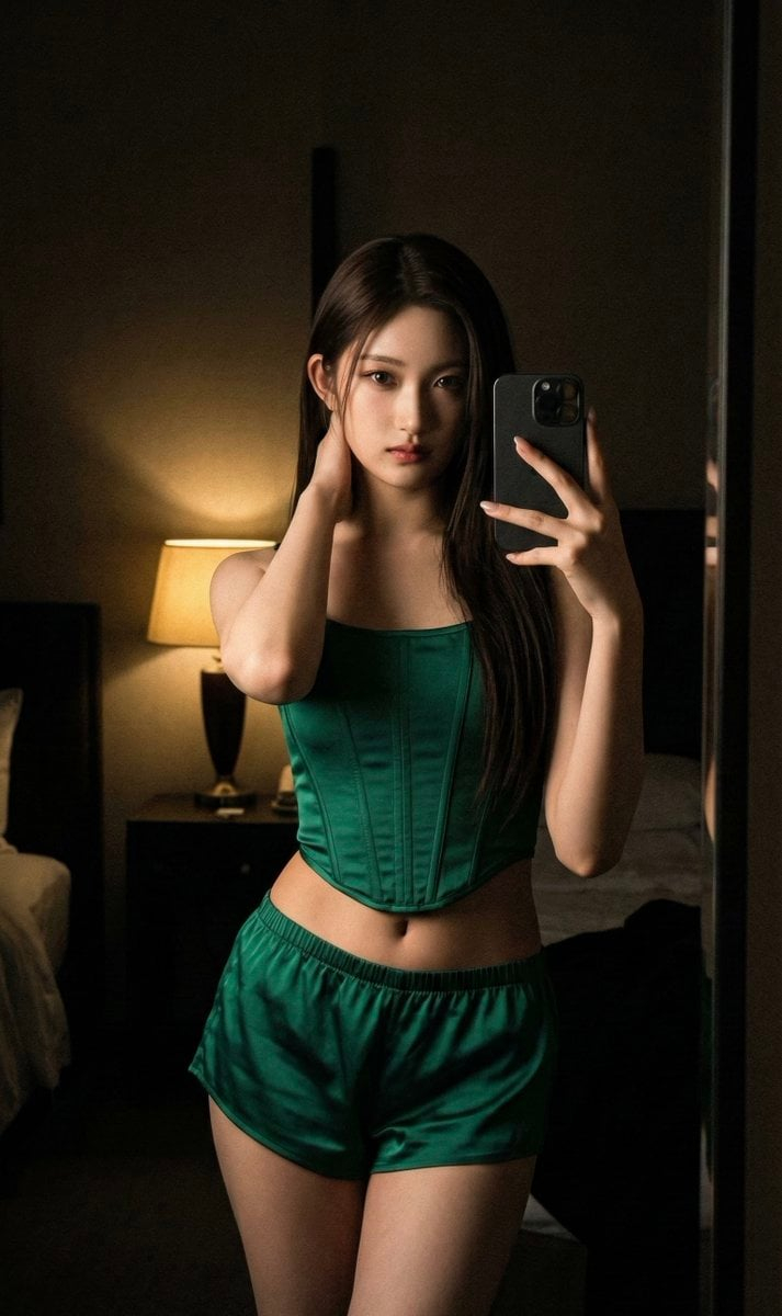 Dark Hotel Emerald Corset Mirror Selfie — ultra photorealistic · 8k · iPhone 15 Pro Max · 24mm wide · 9:16 · raw iphone mirror selfie, cinematic darkness, subtl