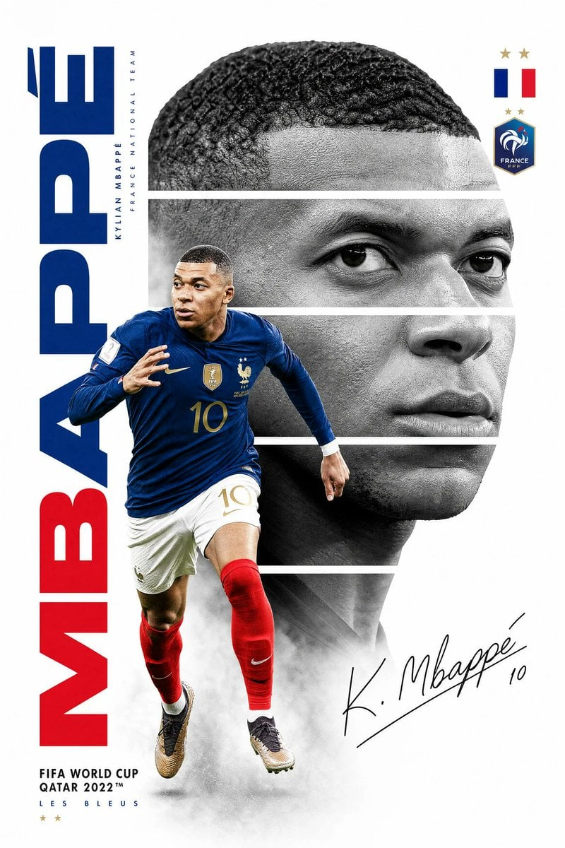 mbappe-sprint-france-royal-poster — Create a premium FIFA World Cup poster design featuring Kylian Mbappé. Minimalist white background w…