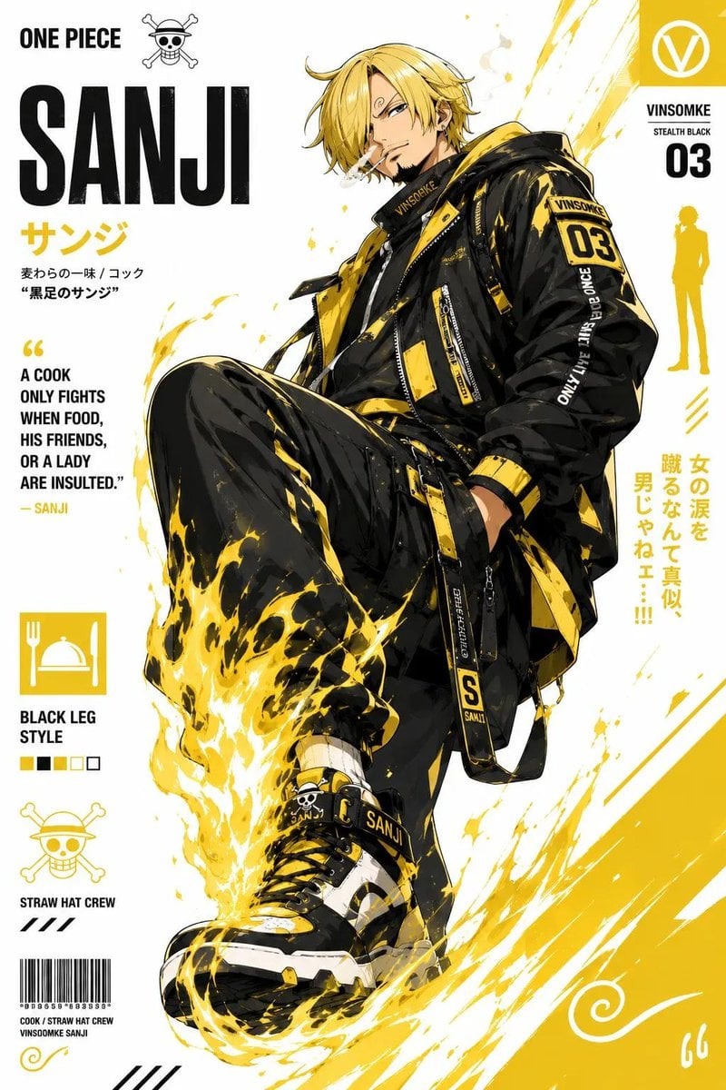 Anime Streetwear Character Poster — Create a stylized illustration of [character_name] from [franchise].

Character Analysis:

Derive the character's core perso