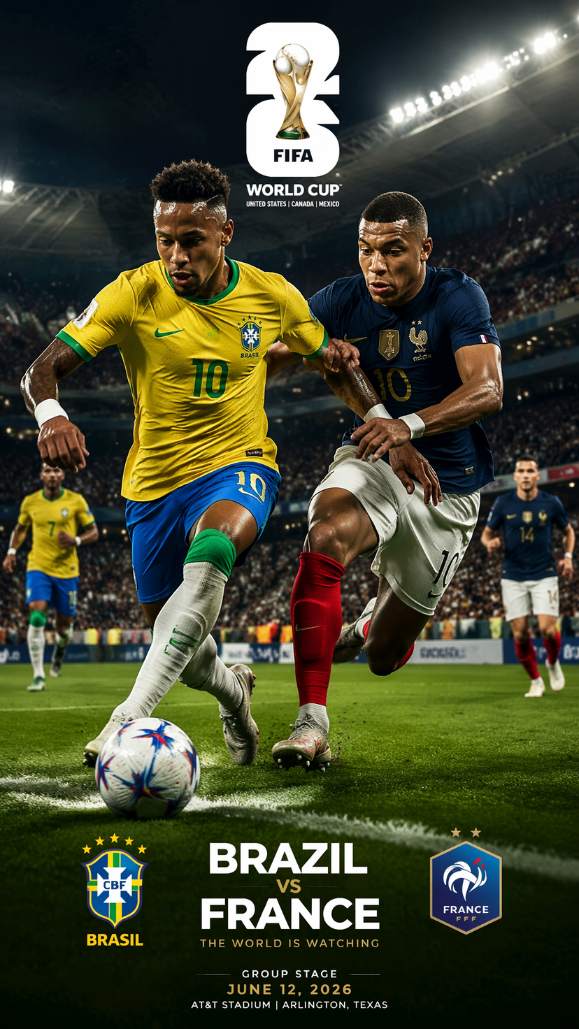 FIFA 2026 — Brazil vs France Match Sim Poster — FIFA Video Game Style (Hyper-Realistic Sports Simulation)Vertical 9:16 poster of World Cup 2026, Bra…