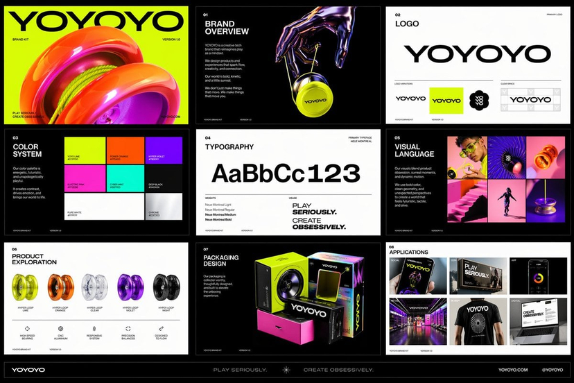 Playful Futuristic Brand Kit Board — Create a polished multi-page (multiple images) brand kit for a company called [YOYOYO]. The brand sh…