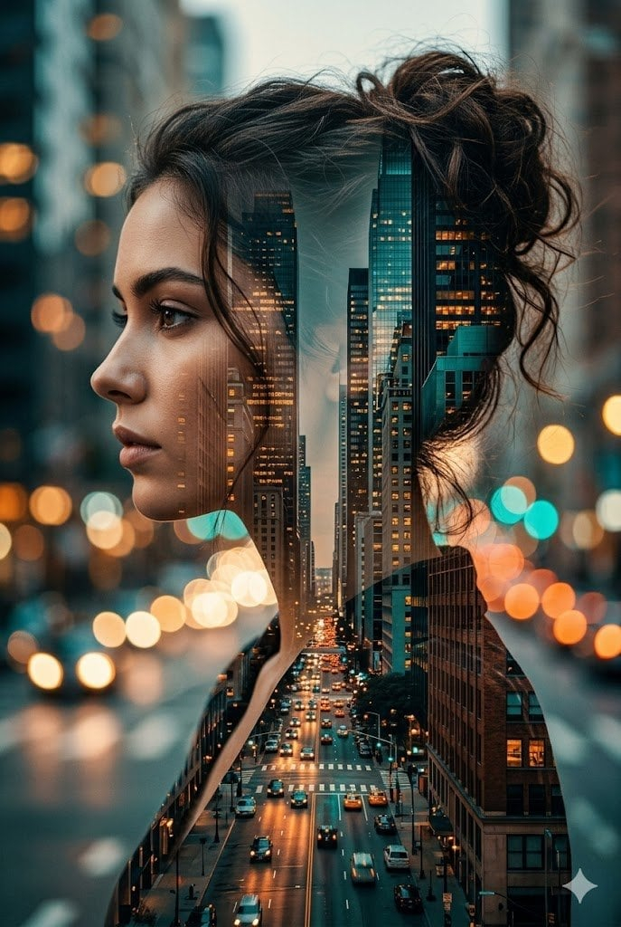 Double Exposure City Street Portrait — A cinematic double exposure portrait of a young woman hollywood actress in profile, her hair in a messy bun, overlaid wit