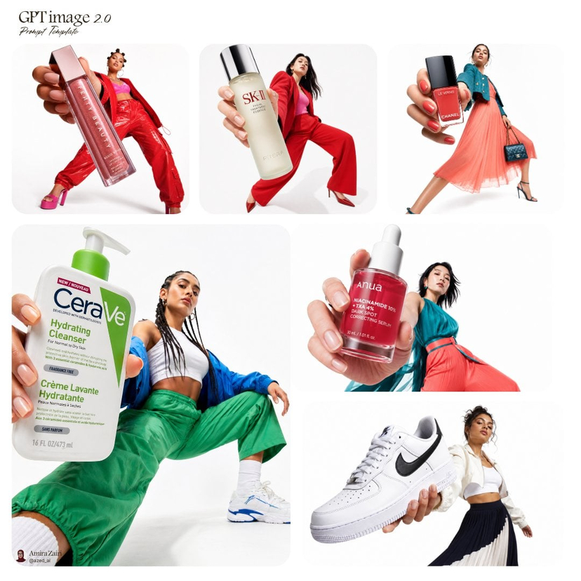 Low Angle Product Fashion Campaign — Low-angle fashion campaign photograph of a confident model holding a large [product name] very close…