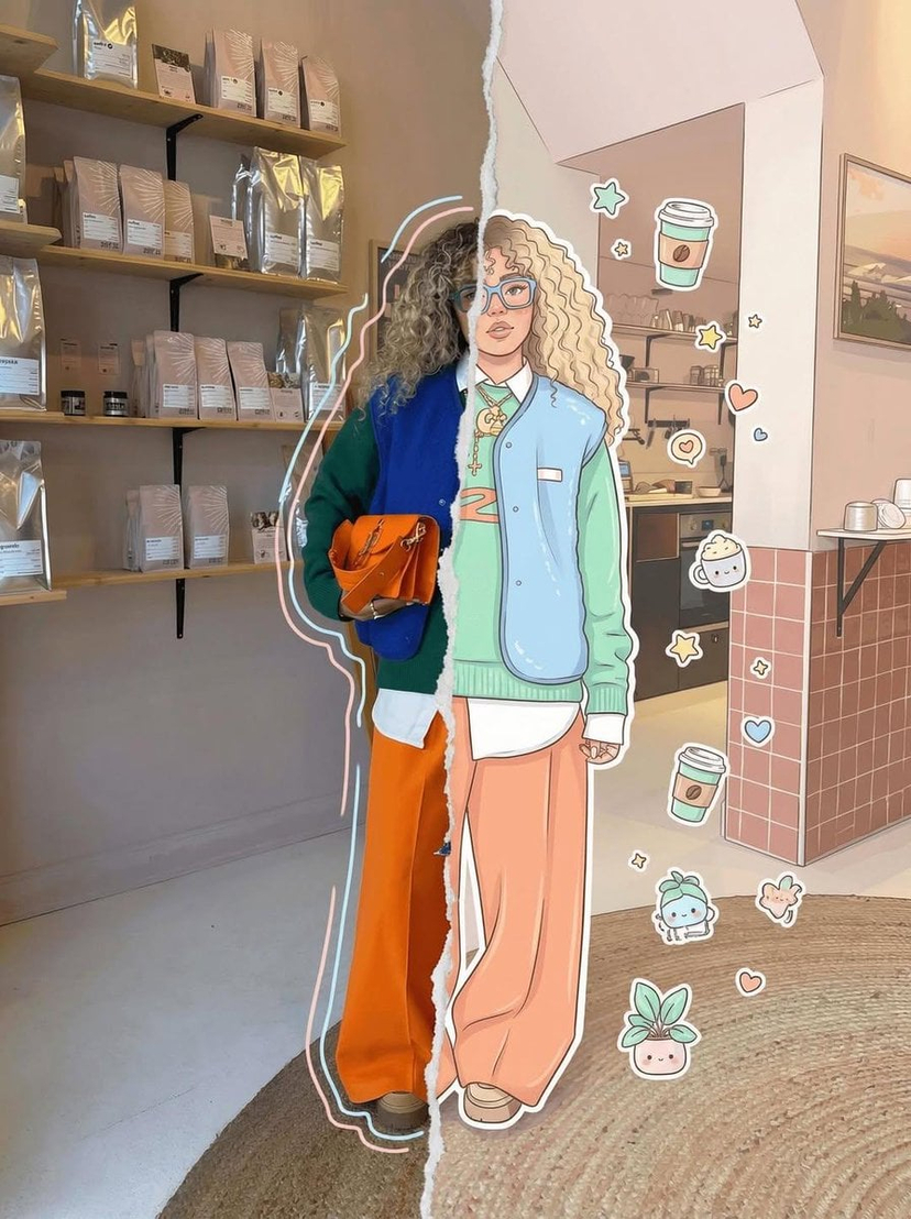 Real Illustration Split Portrait Transition — High-detail 8K split-style composition where the subject is divided vertically into two halves. LEFT SIDE: keep or