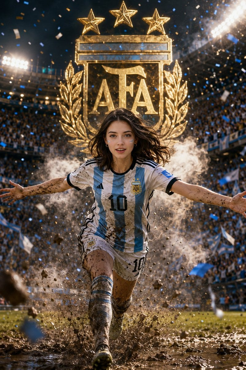 argentina-10-celebration-fan-poster — Epic Argentina football poster of a young female supporter sprinting toward the camera with arms outstretched, joyful smil