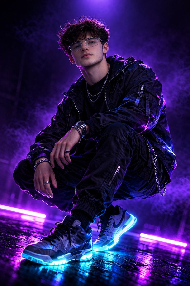 Neon Violet Streetwear Fashion Portrait — Fashion photography, professional man model, shot with Canon EOS R3, 50mm f/1.2 RF lens, f/2.8, 1/160s, iso 1600, grad