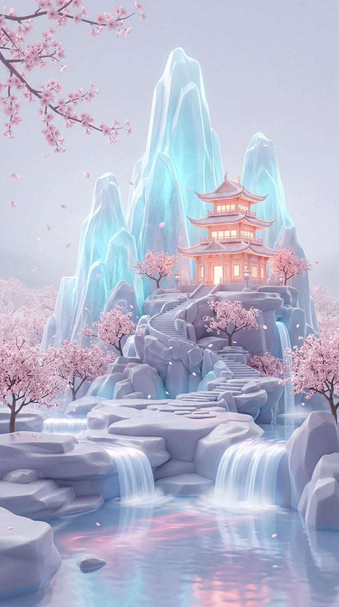 Pastel Fantasy Pagoda Mountain Landscape — A dreamy pastel fantasy landscape in a vertical composition, showing a glowing East Asian pagoda-style temple perched