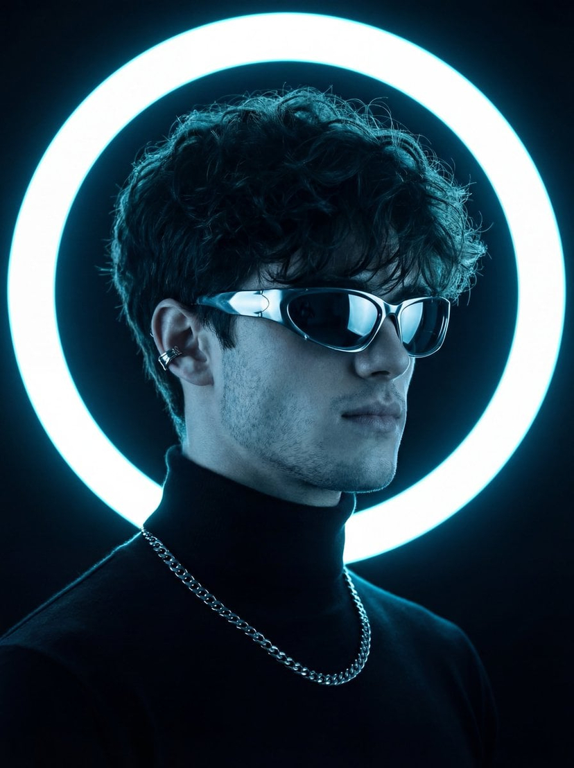 Futuristic Studio Neon Ring Minimalist Portrait — A dark studio portrait in a strong minimalist futuristic aesthetic. Subject posed in three-quarter profile wea