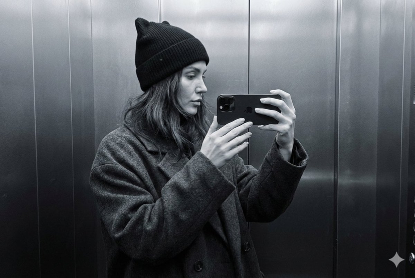 Monochrome Elevator Profile Cat Ear Selfie — A photorealistic profile selfie, minimalist and monochrome: a woman in a dark oversized coat and a black knit hat w
