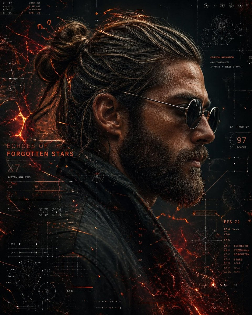 Cinematic Sci-Fi Interface Side Profile — Cinematic side-profile portrait of a rugged man with a tied-back bun and full beard, wearing round dark sunglasses and