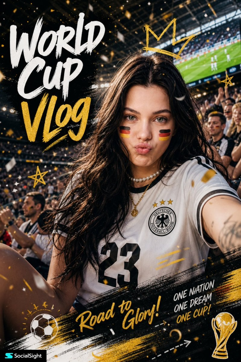 fifa-stadium-fan-portrait-poster — Ultra-realistic sports fan portrait poster, beautiful young woman with long wavy dark brown hair sitting in a packed football