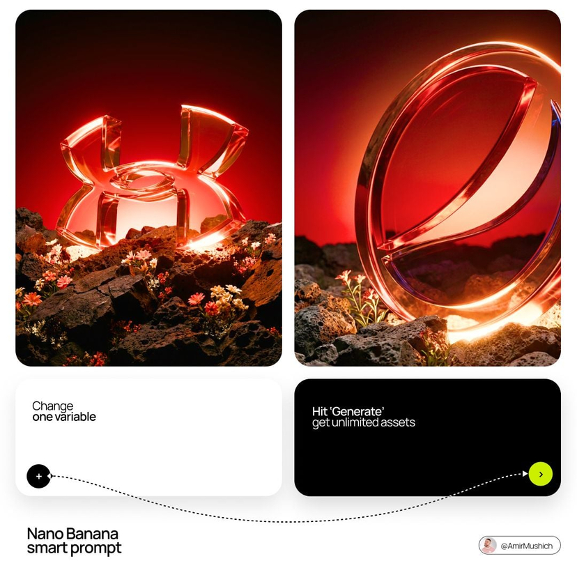 Cinematic Glass Brand Logo Volcanic Landscape — [BRAND NAME]. A CGI cinematic hero landscape with a glass logo sculpture emerging from volcanic rock. Render the