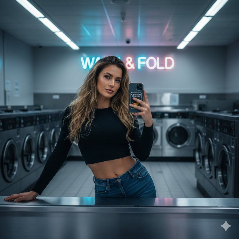 American Laundromat Mirror Selfie — modern American laundromat · clean urban interior with industrial stainless steel washing machines · rows of commercial wash