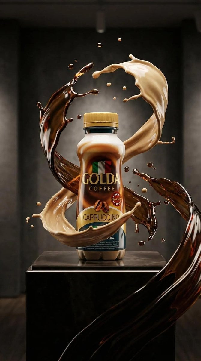 Cappuccino Bottle Splash Product Ad — Ultra-realistic premium product advertisement of a cappuccino coffee bottle, centered composition, s…