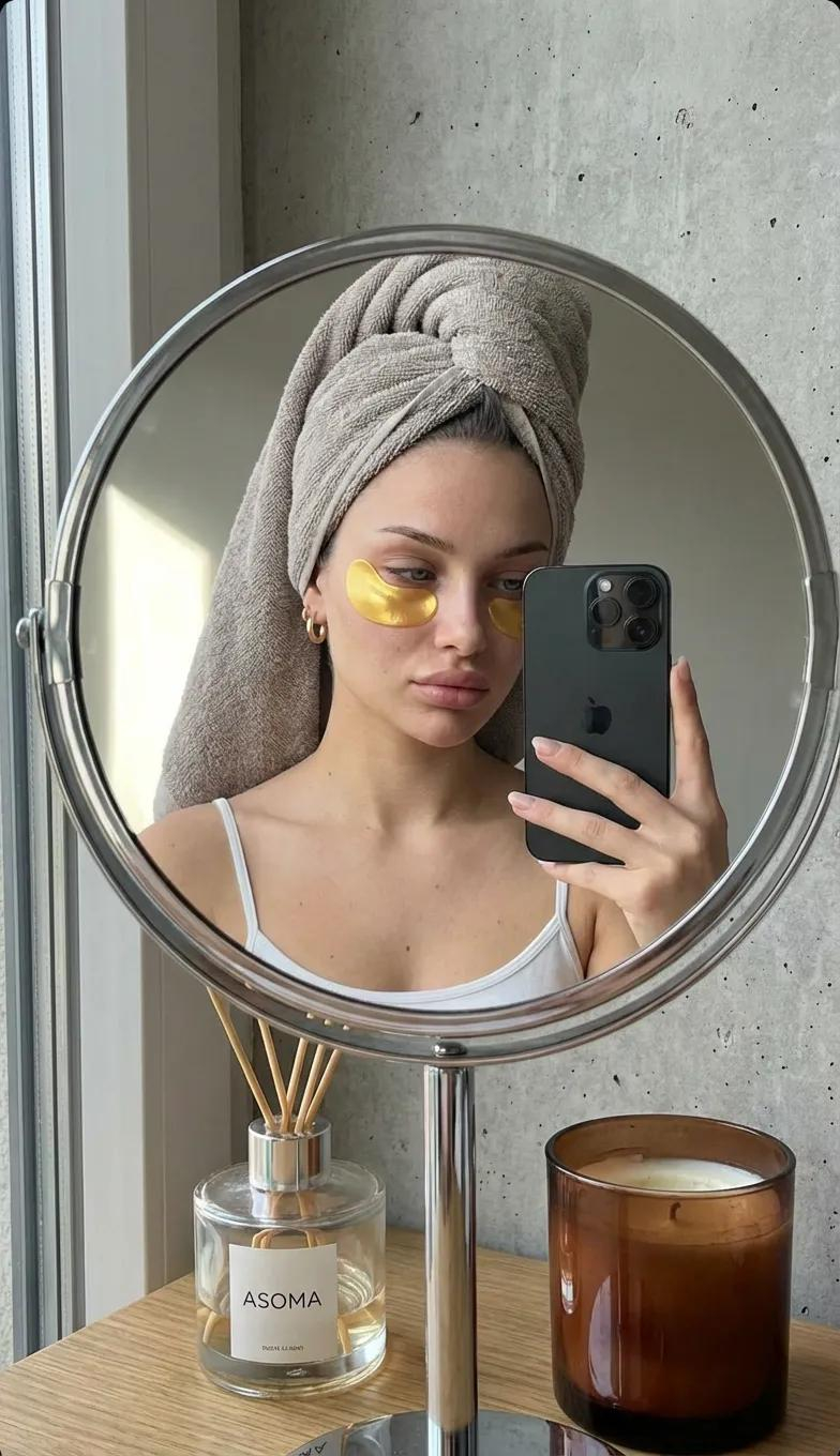 Round Tabletop Mirror Skincare Selfie — A highly realistic mirror selfie of a young woman taken through the reflection of a round tabletop mirror with a chrome 