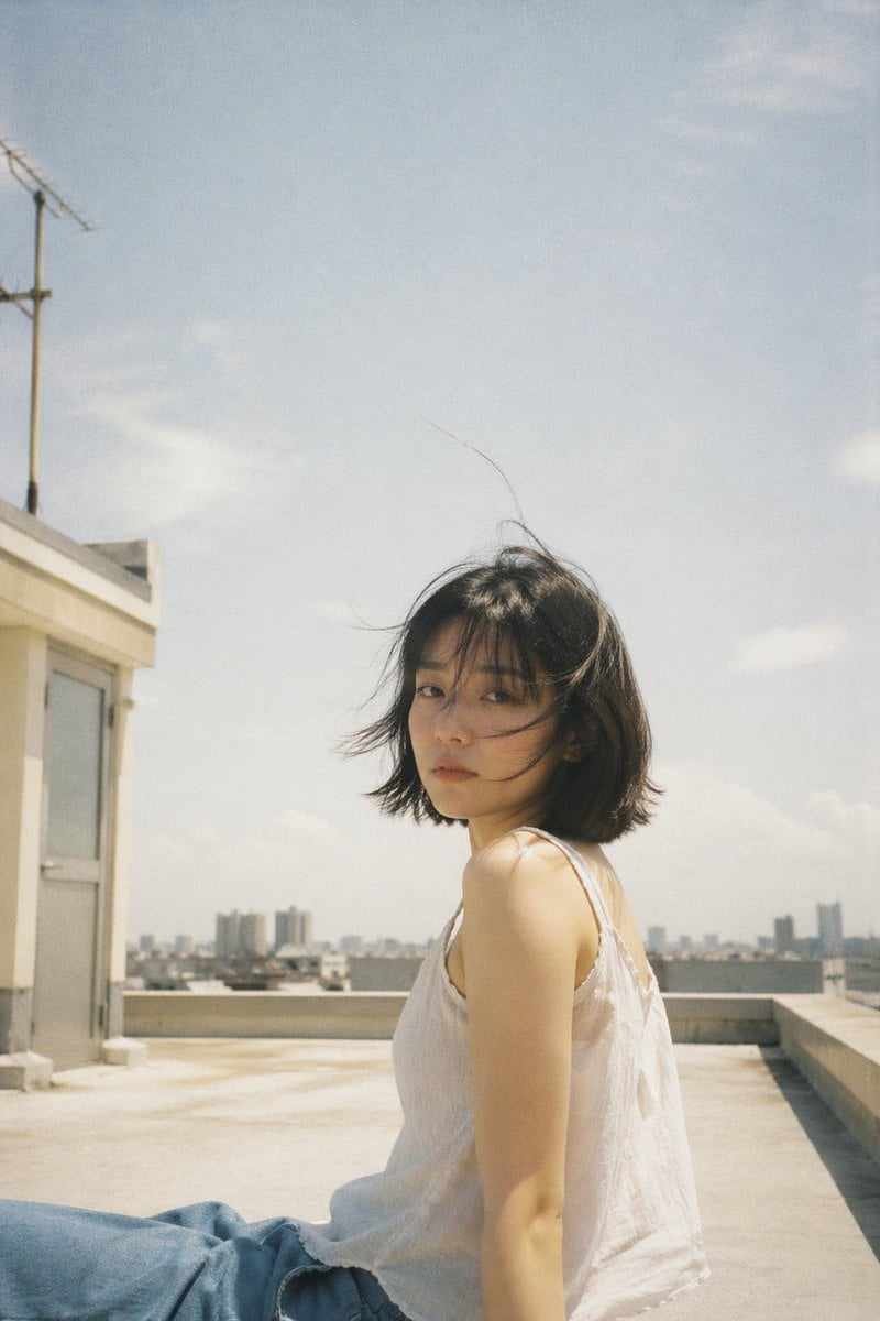 Japanese Negative Film Rooftop Summer Portrait — Japanese negative film aesthetic, rooftop summer scene, soft natural sunlight, slight overexposure highlights, 