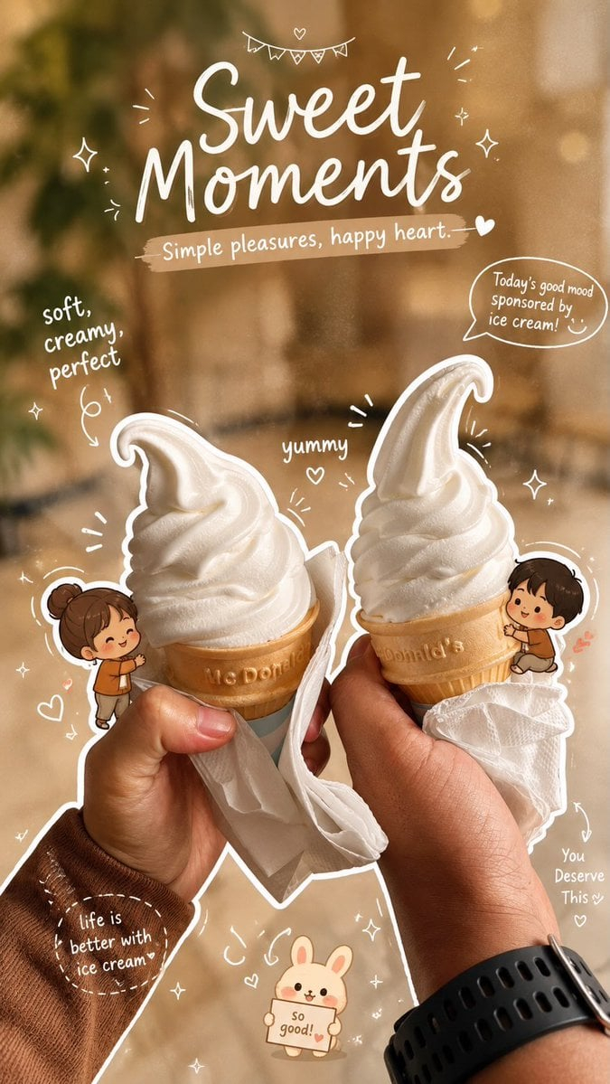 Cozy Café Ice Cream Hands Close-Up — Close-up aesthetic photo of two hands holding vanilla soft serve ice cream cones, cozy warm cafe lighting, creamy texture, 