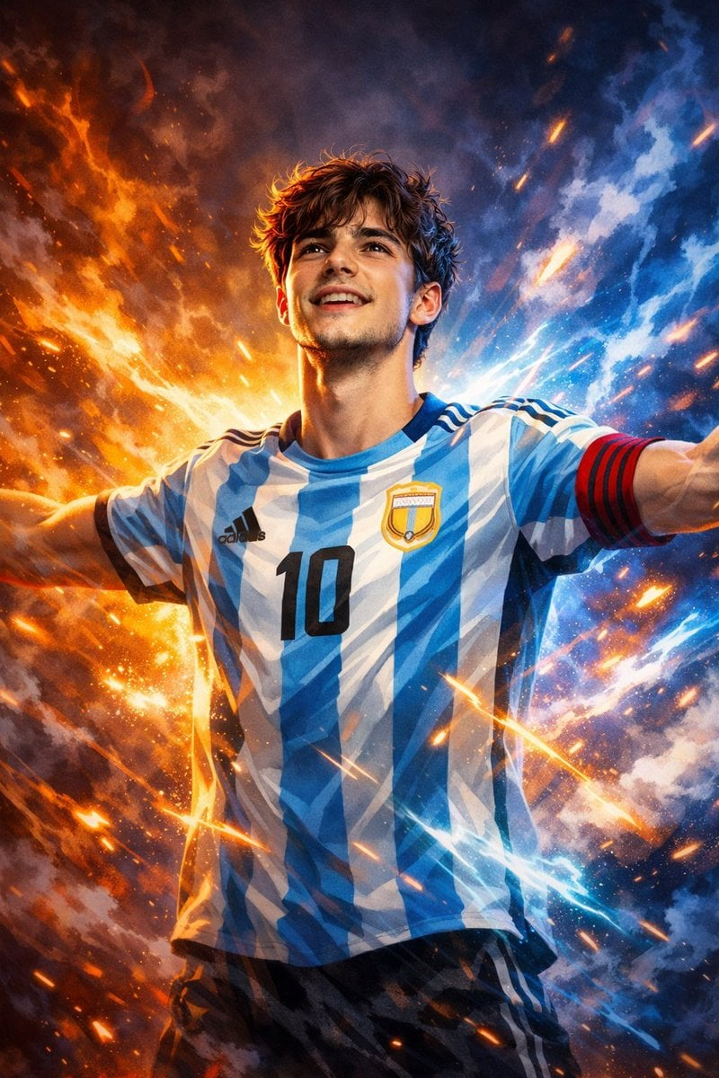 victory-aura-football-poster — Fantastic digital painting of a young man with high detail, smooth shading, and sharp, bold lines. He stands in a powerful victor