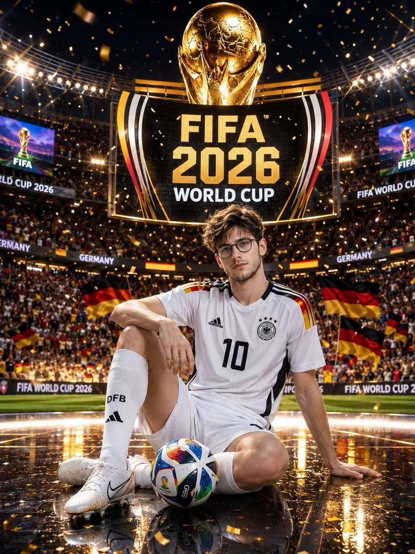 germany-10-championship-celebration-poster — Ultra-realistic FIFA World Cup 2026 promotional poster featuring a handsome young male football player sitting conf