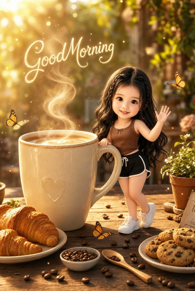 Pixar-Style Chibi Café Morning Scene — Use reference image and preserve exact identity, face, smile, skin tone, features. Transform subject into cute 3D Pixar/D