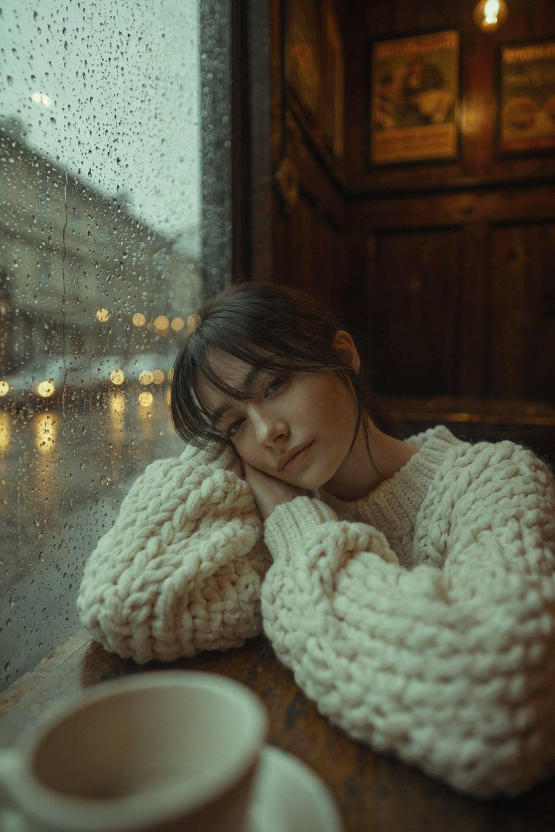 Rainy Café Window Moody Portrait — Cinematic high-resolution portrait of a young woman with dark hair and soft bangs, leaning her head on her hand in a cozy dim