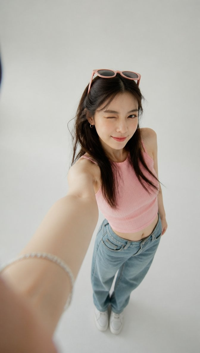 Ultra Wide Arm Forward Studio Selfie Wink — An ultra-realistic selfie photograph, where the subject is personally holding the smartphone with one hand, taking t