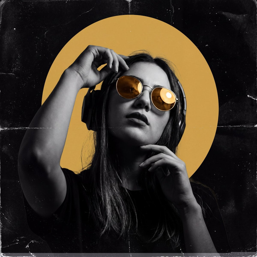 Underground Club Music Poster Portrait — Create a dark, high-contrast poster with a moody, underground club aesthetic. The composition features a monochrome por