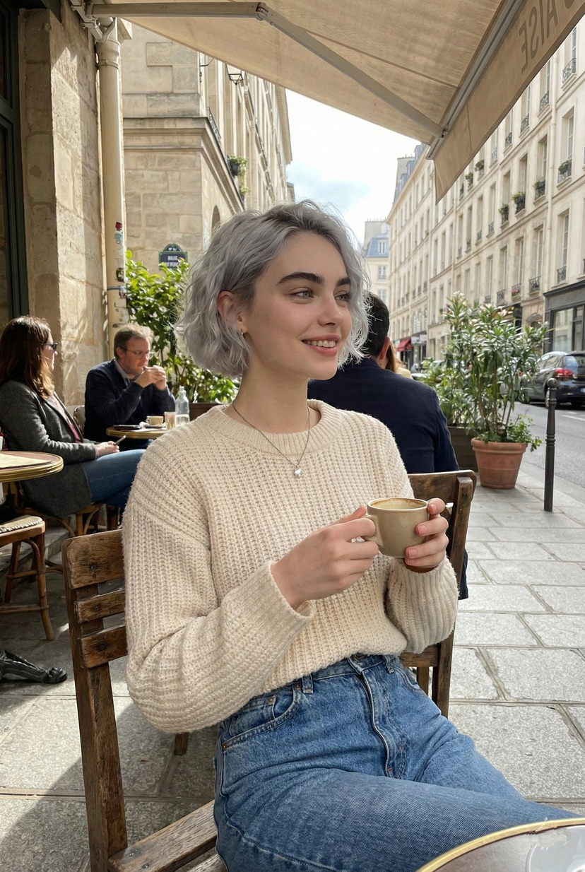 Parisian Outdoor Café Silver-Hair Portrait — A candid lifestyle portrait of a young woman sitting at an outdoor Parisian café, holding a ceramic coffee cup with