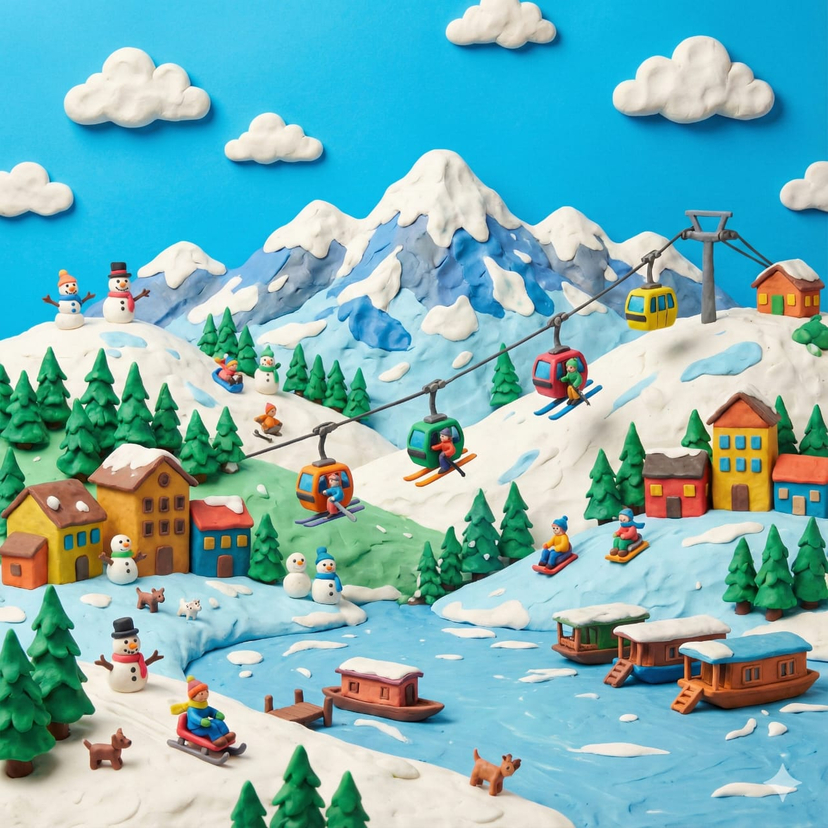 Clay Miniature Landmark Travel Diorama — Generate a whimsical miniature world featuring a landmark crafted entirely from colorful modeling clay. Buildings, tree