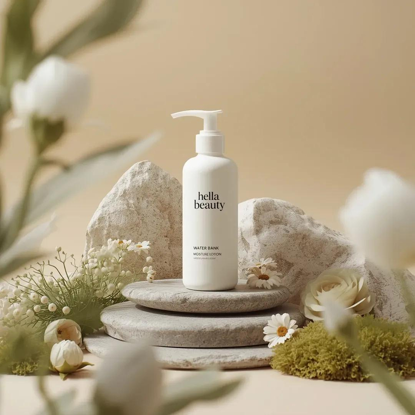 Botanical Skincare Minimal Product Advertising — Ultra-high-end photorealistic commercial skincare product photography featuring a matte white plasti…