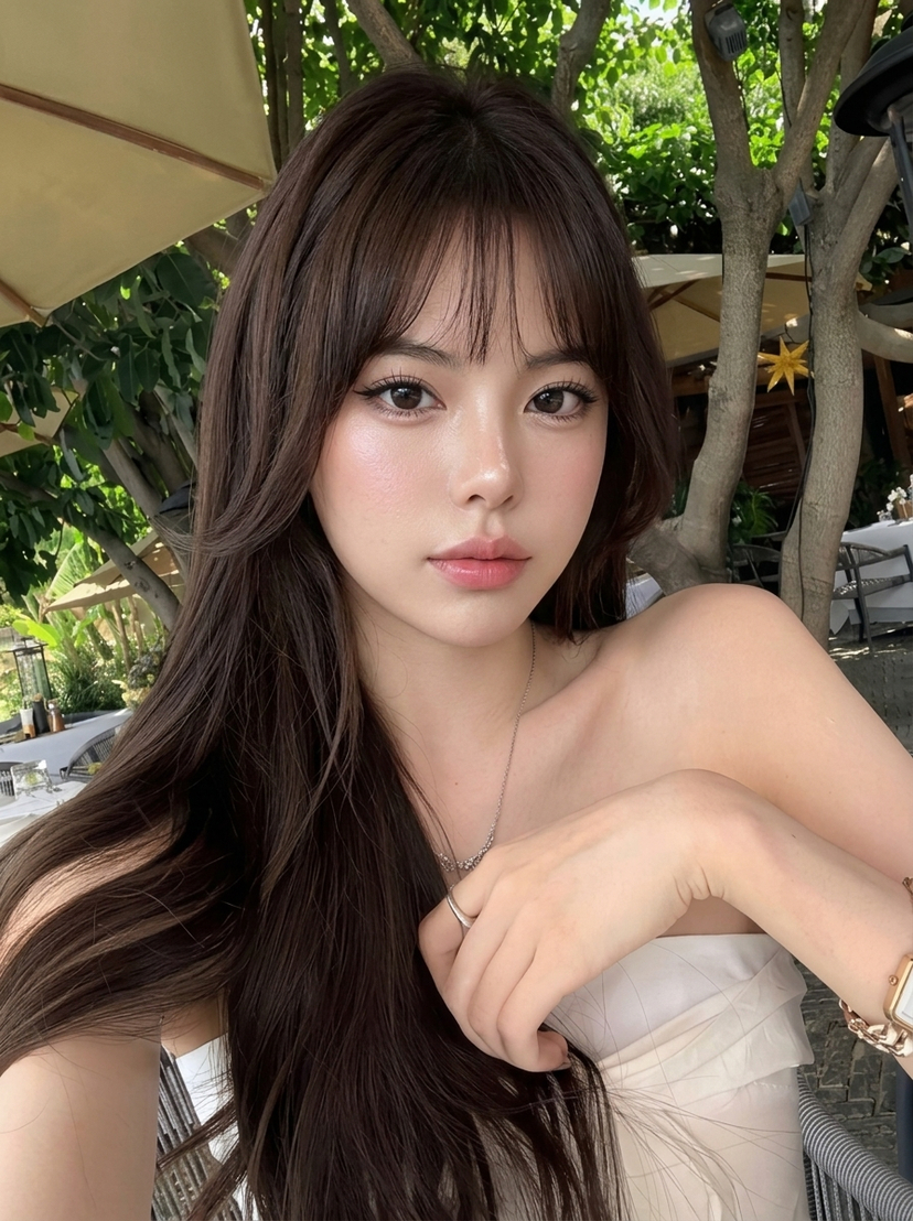Outdoor Cafe Portrait — White Ruched Top Nano Banana AI image template preview