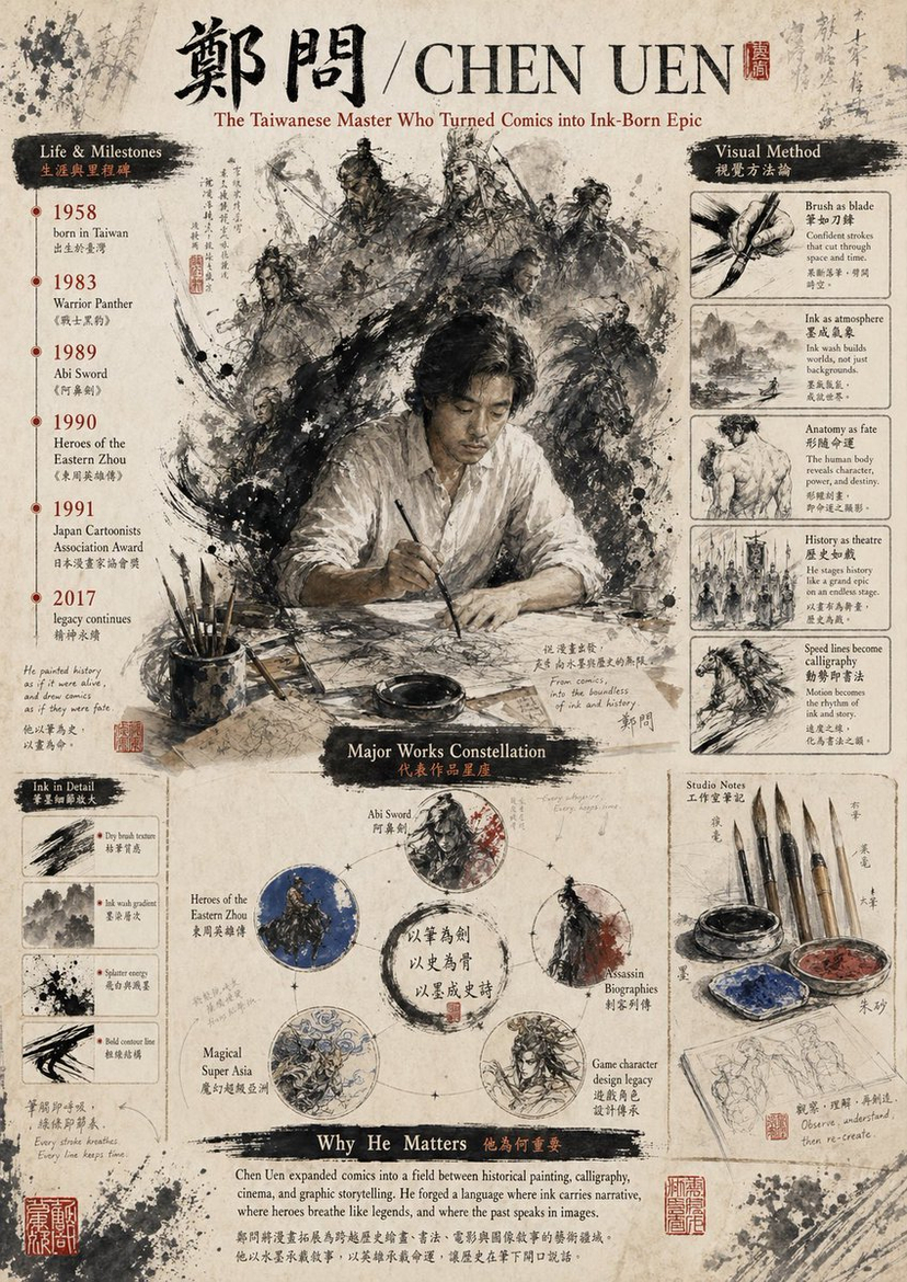 gpt2-infographic-edu-visual-ink-wash-tribute-poster-for-chen-uen AI image template preview