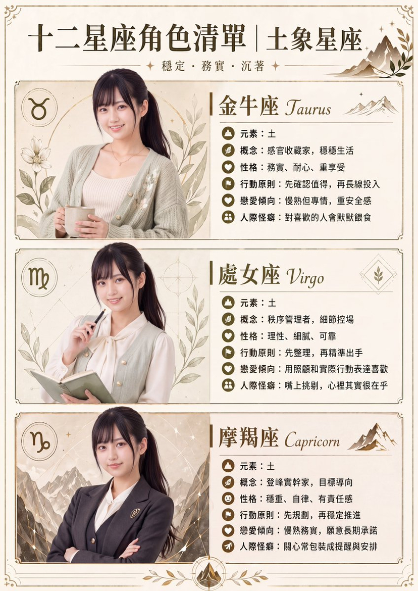 gpt2-infographic-edu-visual-earth-signs-zodiac-character-poster AI image template preview